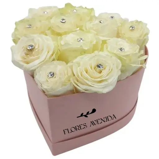 Caja corazon 12 rosas blancas y brillantes lite
